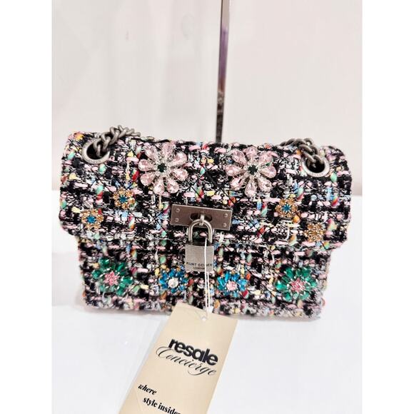 Kurt Geiger London Crystal Tweed Mini Brixton Lock Chain Strap Shoulder Bag Pink - Picture 8 of 10